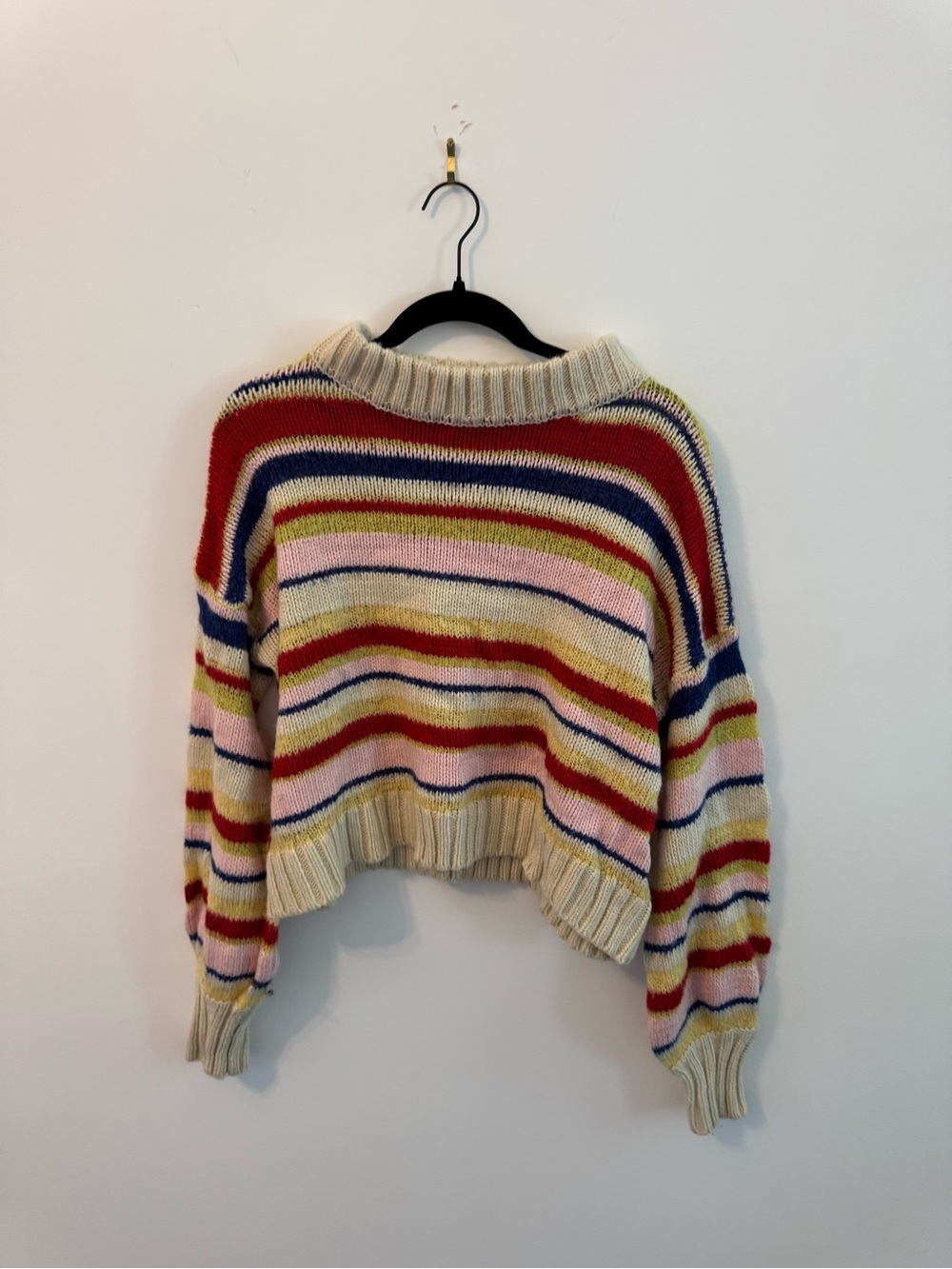 Verge Girl Cream Cropped Crewneck Sweater with Red, Blue, Pink & Olive Stripes